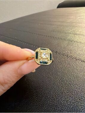 Gold-Tone Ring with Green and Clear Stones - Women Jewelry